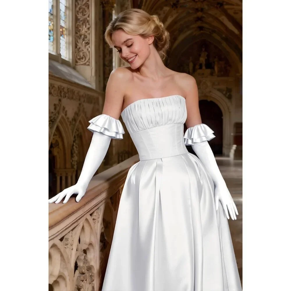 Women's White Long Satin Ruffle Cuff Stretchy Sleeves Gloves Wedding Costume